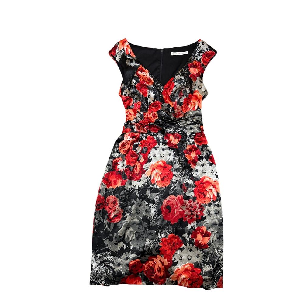 Boston Proper Floral Ruched Sheath Dress Black Red S/M back slit